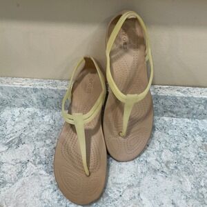 Crocs Sandals Isabella T Strap Size 8 Yellow Tan Iconic Comfort Slingback Flat